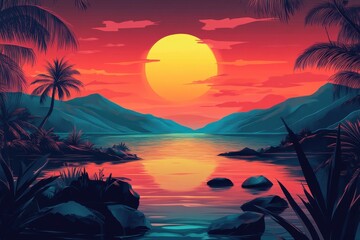 Sunset over a tropical lake with mountains and palm trees