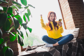 Wall Mural - Full body portrait of nice young girl use smart phone raise fist wear yellow sweater loft interior flat indoors