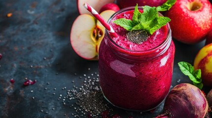 A refreshing beetroot smoothie in a glass jar, garnished with mint leaves, surrounded by fresh beetroots, apples, and a sprinkle of chia seeds.