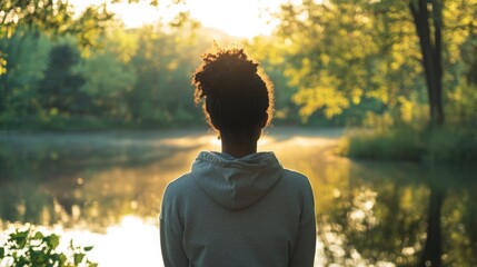 Poster - A person stands quietly by the calm lake, facing the water as the morning sun begins to rise. The serene atmosphere is enhanced by the surrounding trees, creating a tranquil escape in nature.