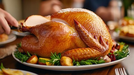 Sticker - A turkey is being prepared on a table with other food, AI