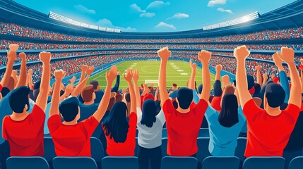 Aufkleber - An overhead view of a stadium full of fans cheering in a stylized vector format with large bold shapes and clean colors Large space for text in center Stock Photo with copy space