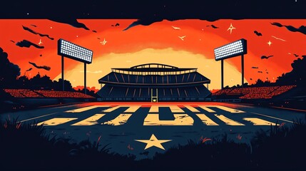 Aufkleber - A wide-angle minimalist illustration of an iconic NFL stadium lit up at night with clean architectural lines Large space for text in center Stock Photo with copy space