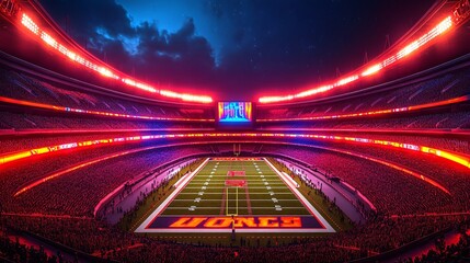 Aufkleber - A wide-angle minimalist illustration of an iconic NFL stadium lit up at night with clean architectural lines Large space for text in center Stock Photo with copy space