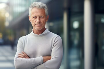 Poster - Portrait of a tender man in his 60s sporting a long-sleeved thermal undershirt over sophisticated corporate office background