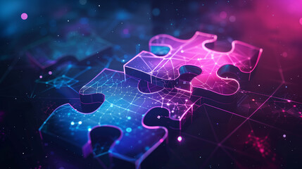 Wall Mural - 3d render of a digital technology neon glowing purple and blue puzzle on dark presentation background. Communication, solution, question design concept.