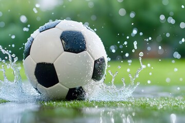 Soccer ball, soccer field, water splash, rainy weather, close-up