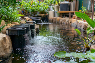 Water Filter System Adding oxygen to the water Inside the fish pond.