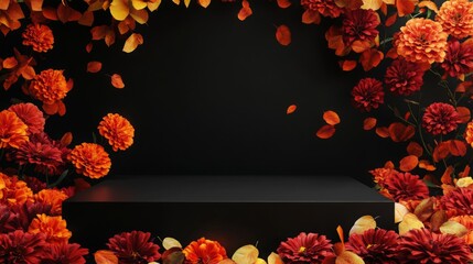 Poster - A striking collection of red, orange, and yellow flowers envelops a sleek black display area, ideal for showcasing products or decorations in an autumn-themed event or presentation.