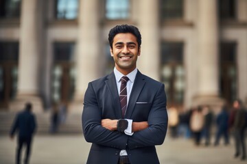 Poster - Portrait of a happy indian man in his 30s wearing a professional suit jacket in lively classroom background