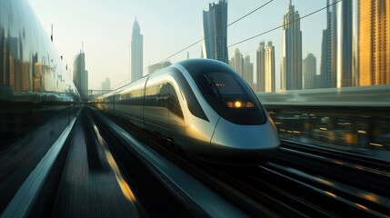 Poster - A sleek high-speed train with cityscape in the distance, offering plenty of room in the background for text.