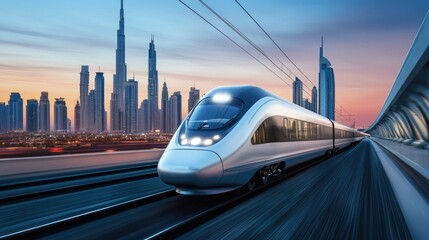 Poster - A sleek high-speed train with cityscape in the distance, offering plenty of room in the background for text.