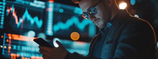 Poster - Young professional reviewing financial data on a smartphone amid digital market displays at night in a modern city