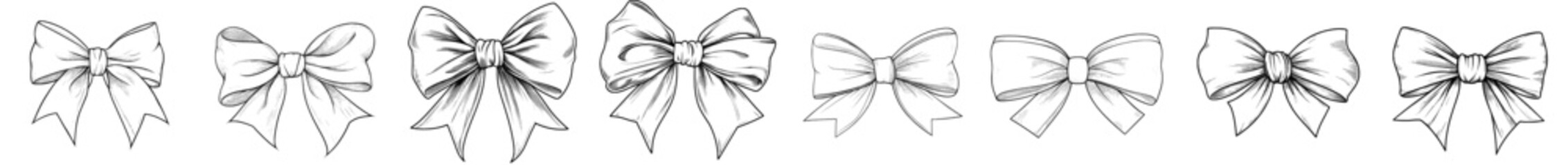 This black and white linear sketch shows a gift ribbon bow in continuous line art style.