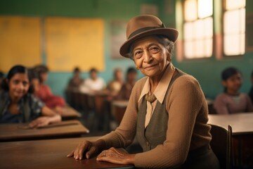 Poster - Portrait of a jovial indian woman in her 80s donning a classic fedora while standing against lively classroom background