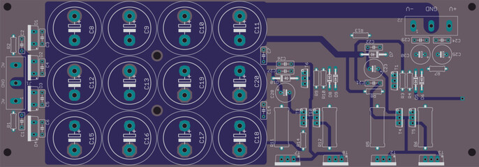 Wall Mural - Vector printed circuit board of electronic 
device with components of radio elements, 
conductors and contact pads placed on pcb. 
Engineering drawing. Computer technic cad design.