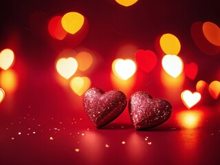 Two sparkling red hearts on a vibrant red background adorned with soft glowing bokeh lights, creating a romantic atmosphere