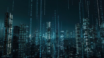 Digital Cityscape - A Futuristic City with Binary Code Rain