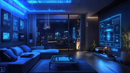 Home automation system integrated with AI, controlling lighting, security, heating, and smart appliances for a futuristic living experience