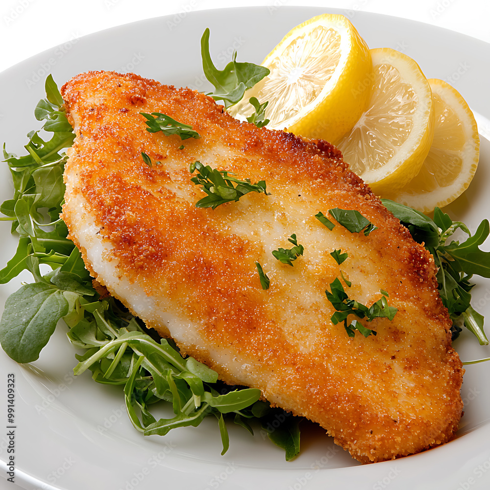 Crispy breaded fish fillet served with fresh lemon slices Stock Photo ...