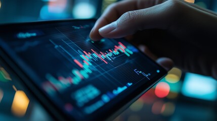 Poster - a person analyzes financial data on a smartphone screen with colorful graphs and charts during eveni