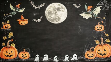 Blackboard with Halloween chalk art including a full moon, flying witches, and pumpkins Ghostly chalk dust on the bottom corners, leaving room for text in the middle