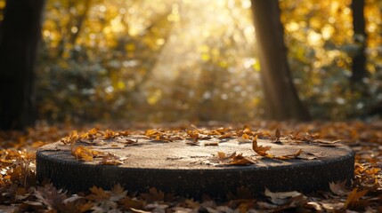 Poster - Sunbeams filter through tall trees, casting warm light on a circular stone platform covered in colorful autumn leaves. The peaceful forest setting evokes a sense of calm and tranquility.