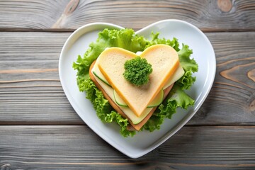 Heart shaped sandwich with layers of cheese and lettuce on a plate, lettuce, plate, appetizer, tasty, cheese, snack, love, healthy,food, delicious, fresh, Valentine's Day, romantic, lunch