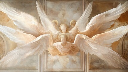 Wall Mural - A ceiling painting of three angels with wings spread open and a central figure with wings and a halo, against a textured background.