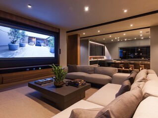 Smart home living room, sleek design, integrated technology, voice-activated lighting, and modern furniture