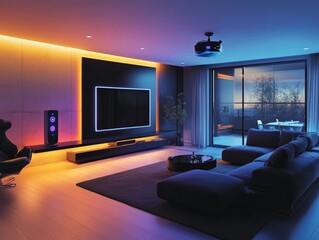 Smart home living room, sleek design, integrated technology, voice-activated lighting, and modern furniture