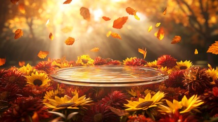Poster - Sunlight filters through golden leaves as colorful autumn flowers surround a tranquil pond. The reflection creates a peaceful atmosphere, showcasing the beauty of nature in fall.