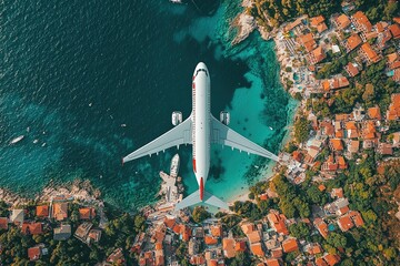 Airplane fly above beautiful nature landscape island, Tourism destination, Background for banner summer holiday vacation travel trip