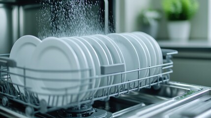 Poster - A dishwasher filled with white plates being washed in a sink, AI