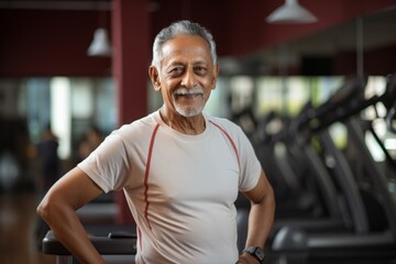 Sticker - Portrait of a smiling indian elderly 100 years old man wearing a classic white shirt in front of dynamic fitness gym background