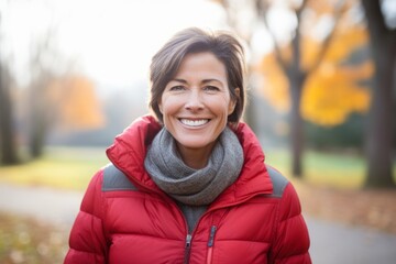 Sticker - Portrait of a smiling woman in her 40s sporting a quilted insulated jacket isolated in bright and cheerful park background