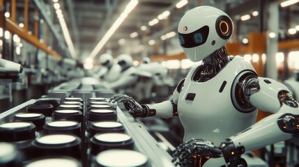 A robot in a factory inspecting product quality, showing AI-powered quality assurance and precision in manufacturing.