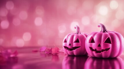 two pink jack-o'-lanterns with cheerful faces, set against a soft pink, bokeh-style background