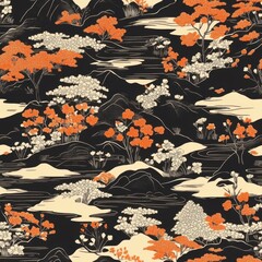 Wall Mural - Elegant Japanese-Inspired Floral Pattern with Mountain Landscape