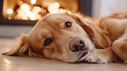 Canvas Print - A dog laying on the floor next to a fireplace, AI