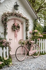 Charming pink door adorned with flowers and a bicycle.