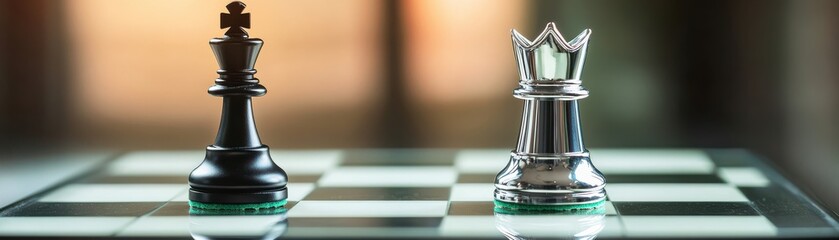 A close-up view of a chess game showcasing the black king and silver queen pieces on a gleaming chessboard.