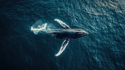 Aerial view of a humpback whale diving gracefully into deep ocean water with rippling surface