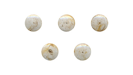 a set of white aged circles, rusty stationery tacks in png format, front view, isolated metal push rounded pins on transparent background
