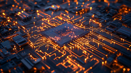 Close-up of a glowing circuit board with a central processor.