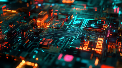 Poster - Close-up of a circuit board with glowing neon lights, representing the digital age and technological advancements.