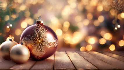 Poster - Christmas baubles on bokeh background. Christmas card.