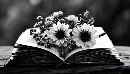 Wall Mural - Monochrome Elegance: An Open Book Surrounded by Delicate Flowers