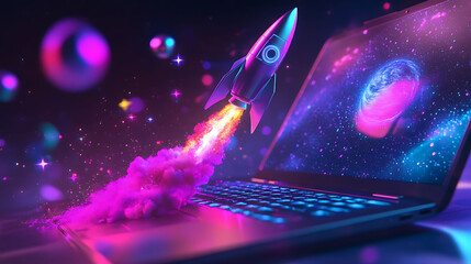 Poster - A 3D rendering of a rocket launching from a laptop computer.