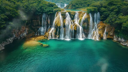 Wall Mural - animation beautiful multiple cascading waterfalls into a turquoise pool generated with ai